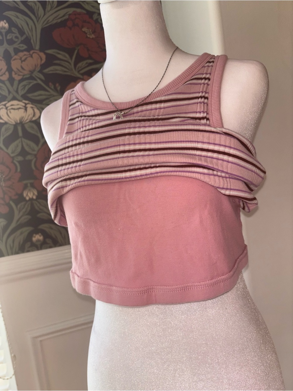 PINK Striped Ribbed Tank Top Built-In Bra Y2K Preppy - Picture 10 of 10